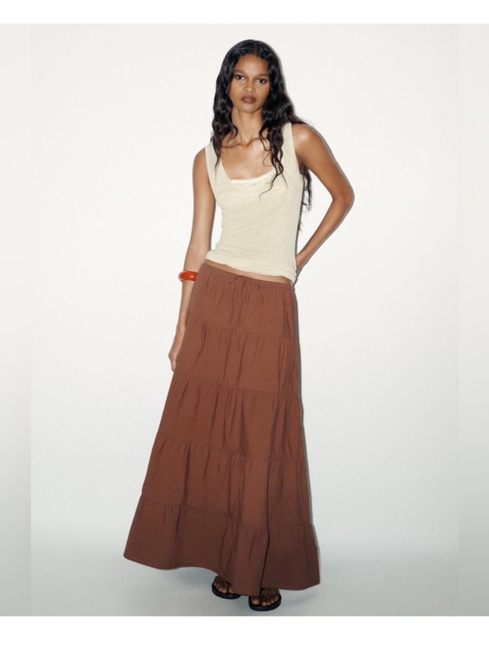 NWT Zara Tiered Maxi Skirt in Chocolate Brown 100% Cotton sz XS